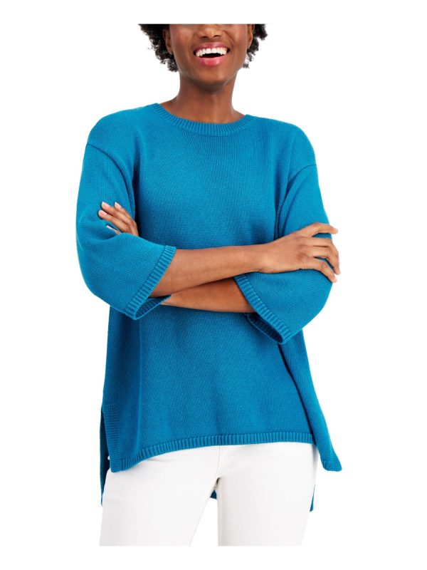 EILEEN FISHER Womens Teal Ribbed Knit Drop-shoulder 3 4 Sleeve Crew Neck Hi-Lo Sweater Online Sale