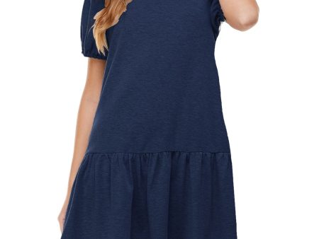 KINGSTON GREY Womens Navy Stretch Ruffled Elastic Cuffs Pouf Sleeve Round Neck Short Party Drop Waist Dress Online now