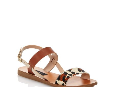 AQUA Womens Beige Animal Print Leopard Mixed-Media Strappy Sam Round Toe Buckle Leather Slingback Sandal M on Sale