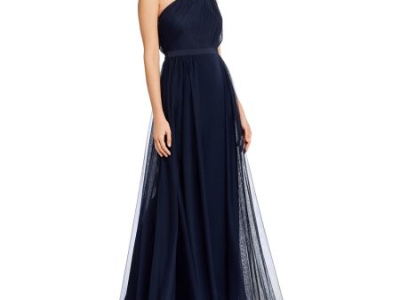 AIDAN MATTOX Womens Navy Zippered Pleated Banded Waist Sleeveless Asymmetrical Neckline Full-Length Formal Gown Dress Fashion