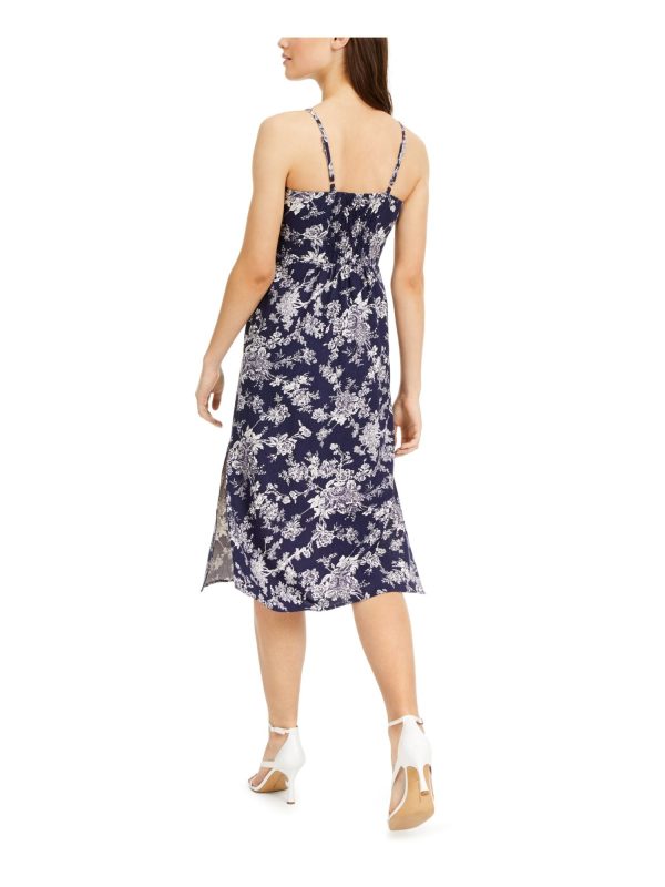 SPEECHLESS Womens Navy Floral Spaghetti Strap Sweetheart Neckline Below The Knee Fit + Flare Dress Online now