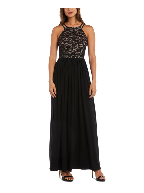 NIGHTWAY Womens Sequined Sleeveless Halter Maxi Evening Fit + Flare Dress Online now