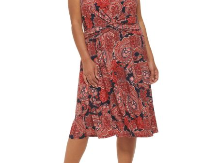 TOMMY HILFIGER Womens Navy Twist Front Paisley Sleeveless V Neck Midi Fit + Flare Dress Online now