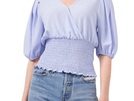 1. STATE Womens Light Blue Stretch Smocked Pleated Pouf Sleeve Surplice Neckline Top For Cheap