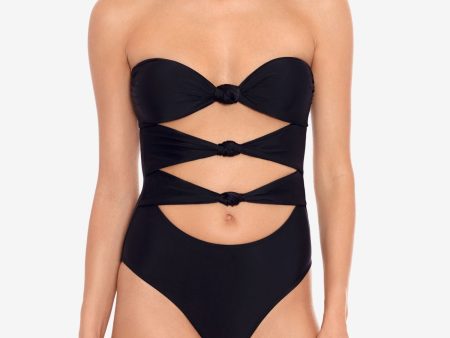 SALT + COVE Women s Black Stretch Cutouts Front Knots Sweetheart Neck Moderate Coverage One Piece Swimsuit on Sale