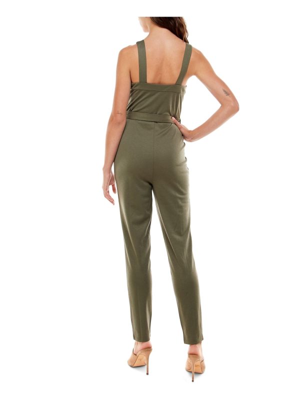 ALMOST FAMOUS Womens Green Belted Zippered Sleeveless Square Neck Skinny Jumpsuit Cheap