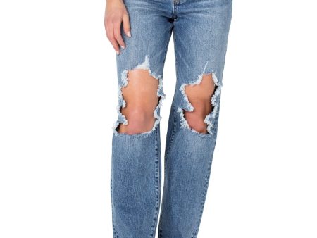 EARNEST SEWN NEW YORK Womens Blue Denim Distressed Pocketed Button Fly High Waist Jeans Online Hot Sale