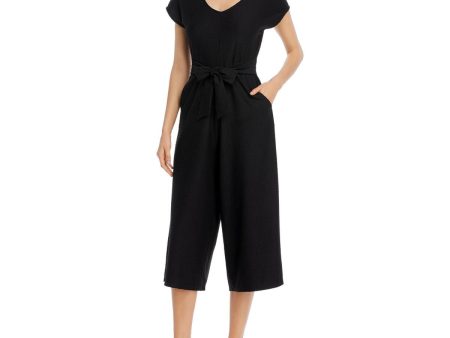 CUPIO Womens Stretch Textured Short Sleeve V Neck Flare Jumpsuit Supply