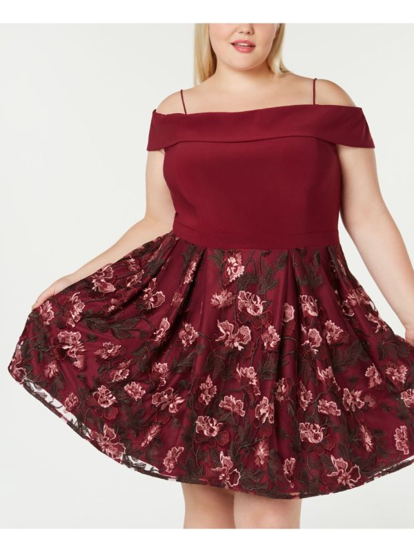 MORGAN & CO Womens Maroon Pleated Floral Spaghetti Strap Off Shoulder Above The Knee Party Circle Dress Cheap