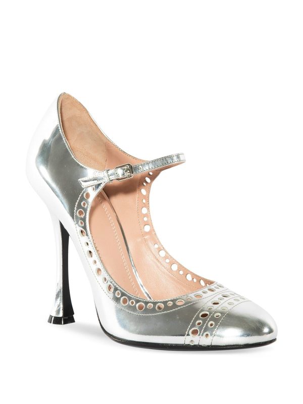 GIAMBATTISTA VALLI Womens Silver Mary Jane Metallic Perforated Padded Round Toe Stiletto Buckle Leather Pumps Shoes on Sale