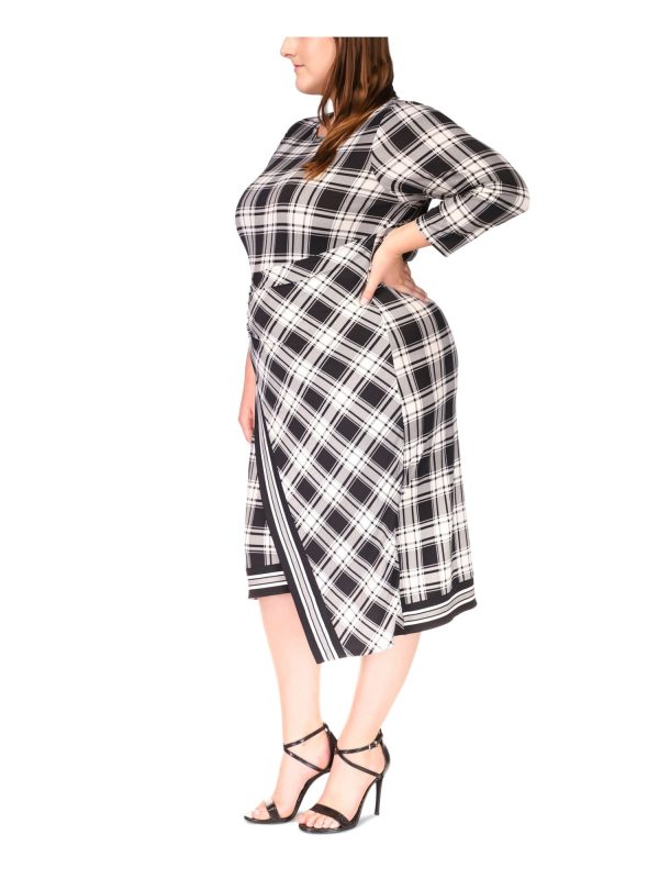 MICHAEL MICHAEL KORS Womens White Unlined Asymmetrical Pullover Plaid 3 4 Sleeve Crew Neck Midi Faux Wrap Dress Sale