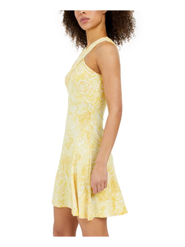 MICHAEL MICHAEL KORS Womens Yellow Zippered Gathered Crossover Neckline Godet Insets Paisley Sleeveless Short Fit + Flare Dress Discount