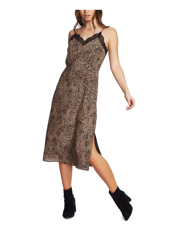 1. STATE Womens Brown Lace Animal Print Spaghetti Strap V Neck Maxi Party Shift Dress Hot on Sale