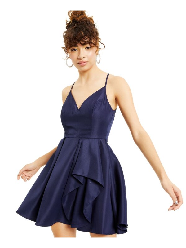 SPEECHLESS Womens Navy Stretch Zippered Pleated Illusion Back Spaghetti Strap V Neck Mini Prom Fit + Flare Dress Fashion