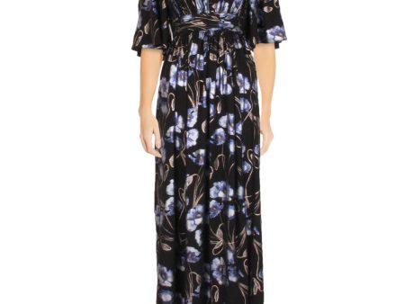 ADRIANNA PAPELL Womens Pleated Floral Kimono Sleeve V Neck Full-Length Evening Gown Dress Online