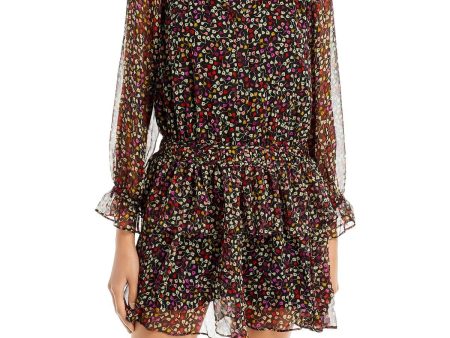 JOIE Womens Black Floral 3 4 Sleeve Mock Neck Mini Party Ruffled Dress on Sale