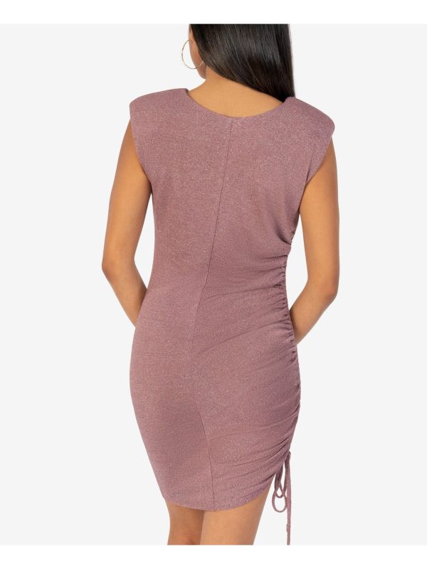 SPEECHLESS Womens Purple Knit Metallic Tie Side-Ruched Sleeveless Round Neck Short Cocktail Body Con Dress Sale