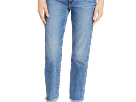 7 FOR ALL MANKIND Womens Blue Stretch Pocketed Zippered Cropped Frayed-hem High-rise Straight leg Jeans Discount