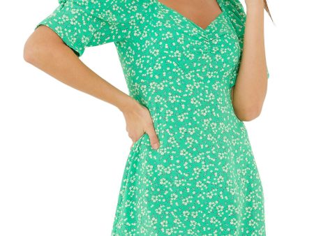 QUIZ Womens Green Zippered Ruched Square Back Neck Pouf Sleeve Sweetheart Neckline Short Party Fit + Flare Dress Sale