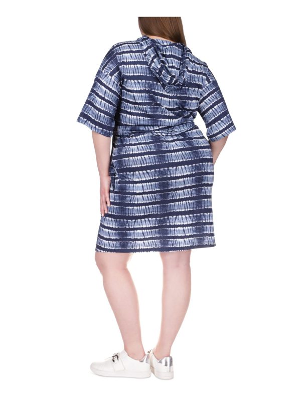 MICHAEL MICHAEL KORS Womens Navy Pocketed Tie Pullover Drawstring Hoodie Printed Elbow Sleeve Knee Length Shift Dress Supply