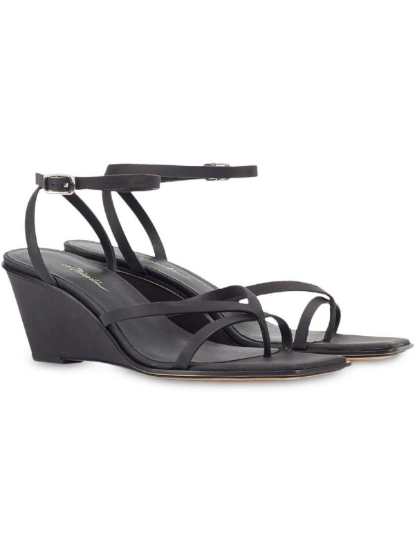 3.1 PHILLIP LIM Womens Black Goring Strappy Ankle Strap Adjustable Laura Square Toe Wedge Buckle Leather Dress Thong Sandals Shoes For Cheap