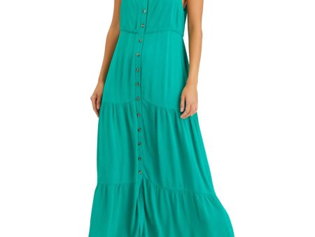 SANCTUARY Womens Teal Pleated Tiered Adjustable Straps Button Spaghetti Strap Scoop Neck Maxi Shift Dress For Cheap