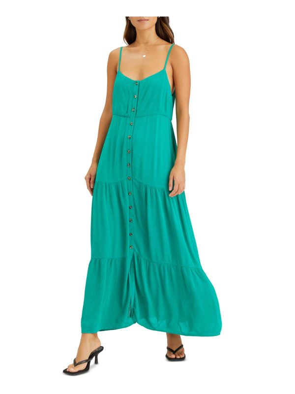 SANCTUARY Womens Teal Pleated Tiered Adjustable Straps Button Spaghetti Strap Scoop Neck Maxi Shift Dress For Cheap