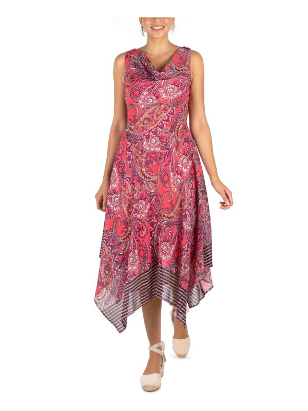 SIGNATURE BY ROBBIE BEE Womens Pink Printed Sleeveless Cowl Neck Midi Party Sheath Dress Sale