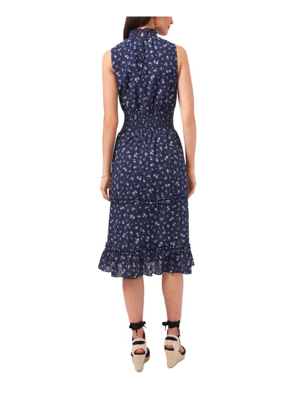 1. STATE Womens Navy Eyelet Smocked Floral Sleeveless Mock Neck Above The Knee Wear To Work Fit + Flare Dress Fashion