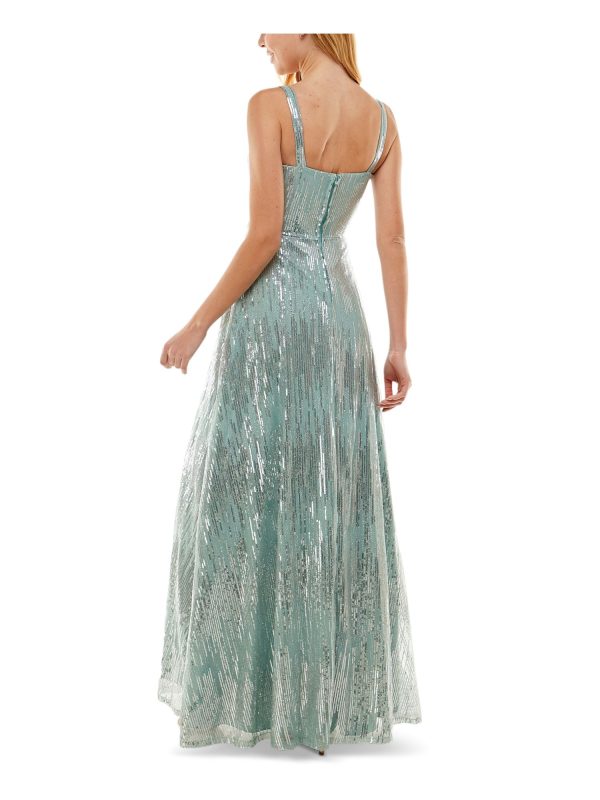 SAY YES TO THE PROM Womens Green Sequined Zippered Lined Sleeveless Square Neck Full-Length Formal Gown Dress For Cheap