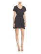 THREE DOTS Womens Black Stretch Tie Polka Dot Short Sleeve Scoop Neck Mini Party Fit + Flare Dress Sale