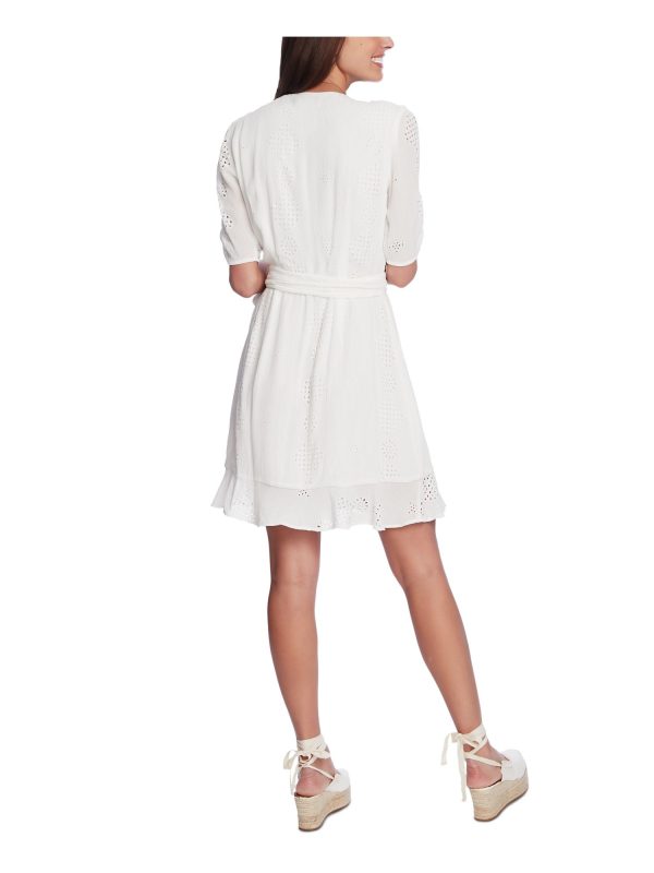 1. STATE Womens White Eyelet V Neck Above The Knee Faux Wrap Dress Online Hot Sale