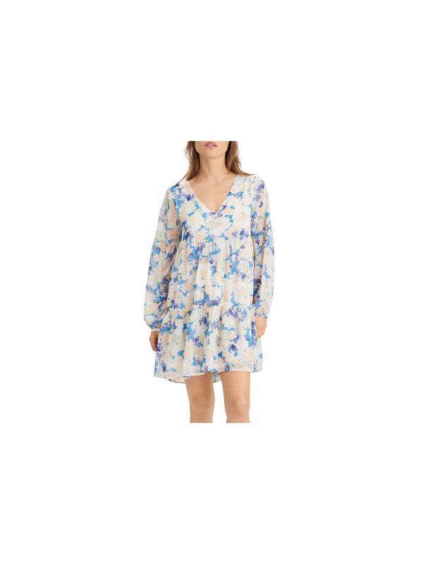 SANCTUARY Womens Light Blue Sheer Pull-on Style Lined Floral Long Sleeve V Neck Above The Knee Party Baby Doll Dress on Sale