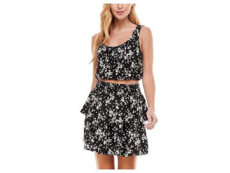 KINGSTON GREY Womens Black Tie Smocked Unlined Floral Sleeveless Scoop Neck Mini Party Ruffled Dress Online Sale