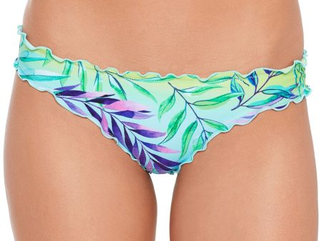 SALT + COVE Women s Aqua Tropical Print Stretch Skimpy Bottom Coverage Ruffled Hipster Swimsuit Bottom on Sale