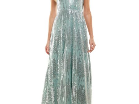 SAY YES TO THE PROM Womens Green Sequined Zippered Lined Sleeveless Square Neck Full-Length Formal Gown Dress For Cheap