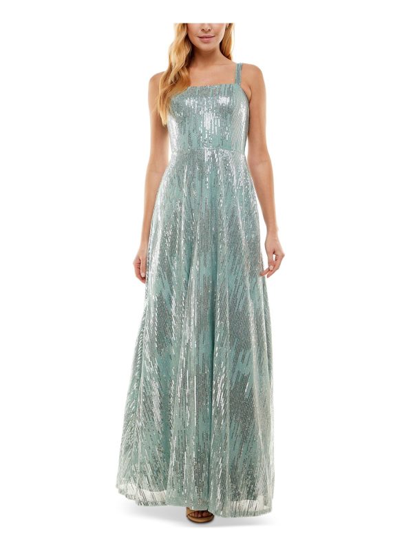 SAY YES TO THE PROM Womens Green Sequined Zippered Lined Sleeveless Square Neck Full-Length Formal Gown Dress For Cheap