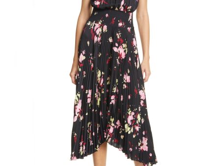 A.L.C Womens Black Stretch Pleated Smocked Floral Sleeveless Mock Neck Midi Evening Fit + Flare Dress For Discount