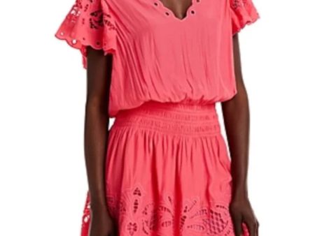 RAMY BROOK Womens Pink Eyelet Smocked Pullover Lined Short Sleeve V Neck Mini Fit + Flare Dress on Sale