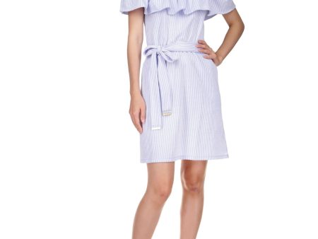 MICHAEL KORS Womens Blue Pocketed Textured Tie Waist Unlined Ruffled Striped Short Sleeve Off Shoulder Above The Knee Sheath Dress Online Hot Sale