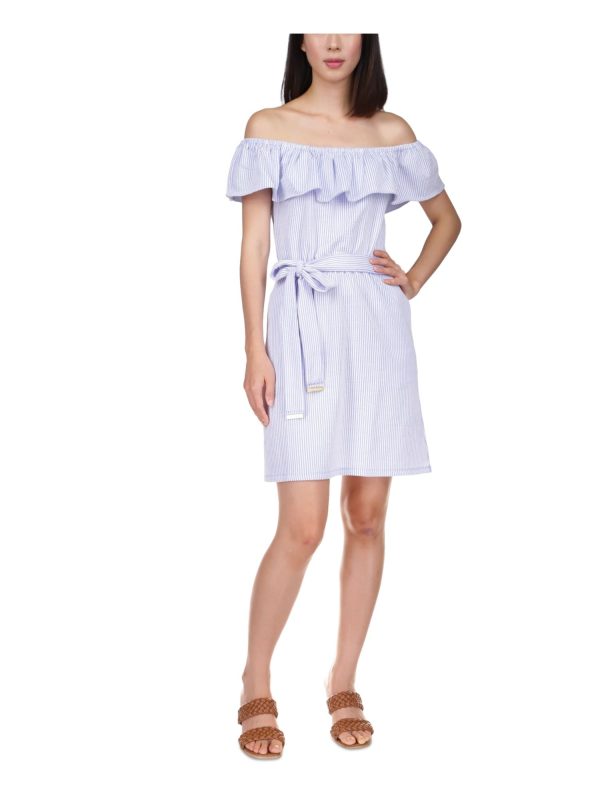 MICHAEL KORS Womens Blue Pocketed Textured Tie Waist Unlined Ruffled Striped Short Sleeve Off Shoulder Above The Knee Sheath Dress Online Hot Sale