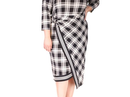 MICHAEL MICHAEL KORS Womens Ivory Unlined Asymmetrical Pullover Plaid 3 4 Sleeve Crew Neck Midi Faux Wrap Dress Online Hot Sale