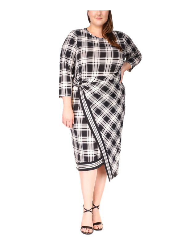 MICHAEL MICHAEL KORS Womens Ivory Unlined Asymmetrical Pullover Plaid 3 4 Sleeve Crew Neck Midi Faux Wrap Dress Online Hot Sale