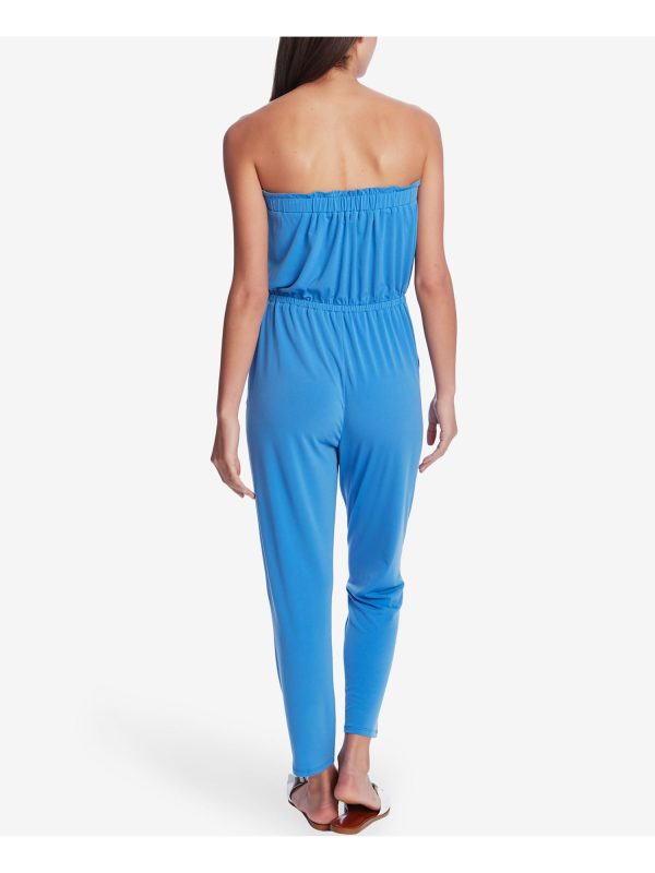 1. STATE Womens Blue Stretch Pocketed Ruffled Cinched-waist Sleeveless Strapless Straight leg Jumpsuit Online Sale