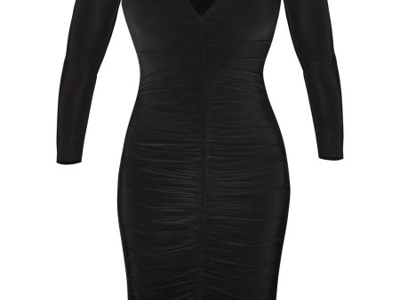 RACHEL RACHEL ROY Womens Black Stretch Ruched 3 4 Sleeve V Neck Midi Wear To Work Sheath Dress on Sale