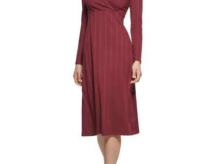 KENSIE Womens Knit Ribbed Long Sleeve Surplice Neckline Midi Wear To Work Dress Supply