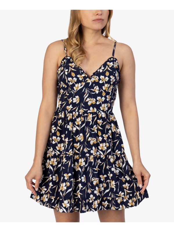 SPEECHLESS Womens Navy Stretch Ruffled Zippered Floral Spaghetti Strap V Neck Short Fit + Flare Dress Online