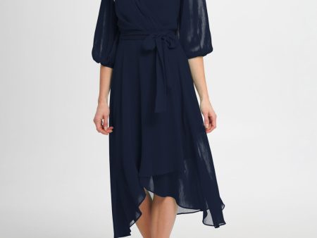 DKNY Womens Navy Zippered Sheer Lined Self Tie Waist Balloon Sleeve Surplice Neckline Midi Evening Faux Wrap Dress on Sale