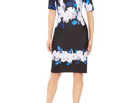 ADRIANNA PAPELL Womens Floral Short Sleeve V Neck Knee Length Evening Sheath Dress Cheap