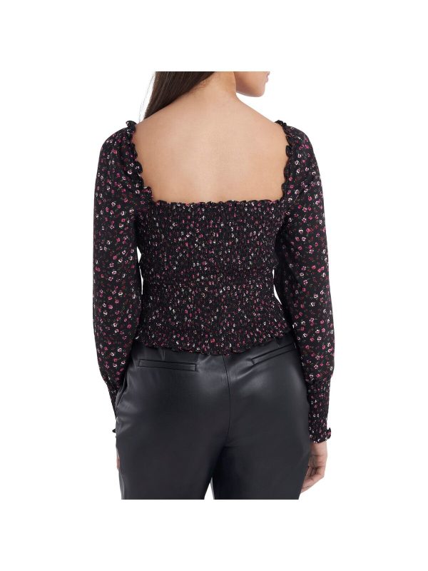 1. STATE Womens Black Stretch Smocked Ruffled Square-back Floral Blouson Sleeve Square Neck Blouse Fashion